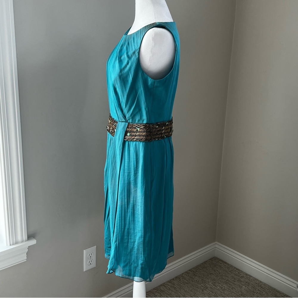 Carmen Marc beautiful %100 silk beaded ruched teal  Size 8 - Picture 2 of 11